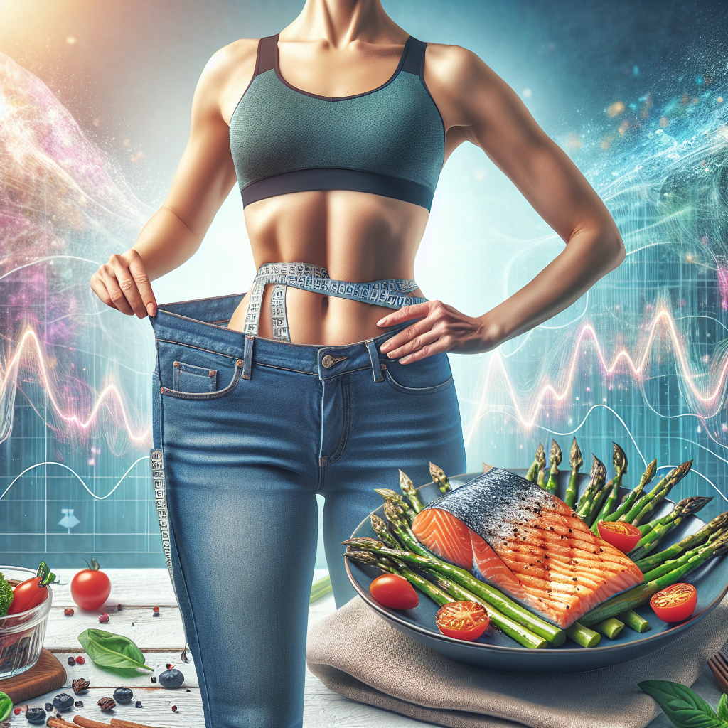 A happy, energetic person confidently showing off their slimmed waist by holding up a pair of oversized jeans, symbolizing successful weight loss. In the foreground, a beautifully arranged, appetizing low-carbohydrate meal (e.g., grilled salmon with vibrant asparagus and cherry tomatoes). The background features subtle, dynamic graphics illustrating a stable blood sugar curve and an active fat-burning metabolism. The overall mood is empowering, healthy, and optimistic, highlighting fast and effective results from reducing carbohydrates. Bright, natural lighting.