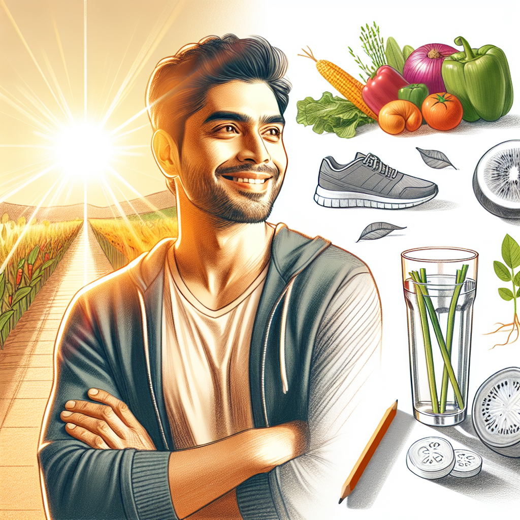 A bright and inspiring image of a person, full of confidence and vitality, smiling while looking towards a clear, sunlit path ahead. Around them, subtly integrated elements like fresh, vibrant vegetables, a glass of water, and a pair of comfortable walking shoes symbolize simple, achievable steps towards sustainable weight loss. The overall mood is optimistic and empowering, with soft, natural lighting and a clean, modern aesthetic.