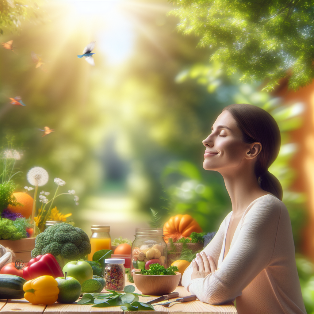 A person (gender-neutral) with a serene, happy expression, radiating a sense of well-being and lightness, engaged in a gentle, enjoyable activity like mindful walking in a sunny park or preparing a vibrant, healthy meal in a calm kitchen. The image should convey ease, balance, and freedom from diet stress, with subtle hints of nature or colorful fresh foods. Emphasize sustainable health, inner peace, and joy rather than struggle or deprivation. Soft, natural lighting, optimistic atmosphere.