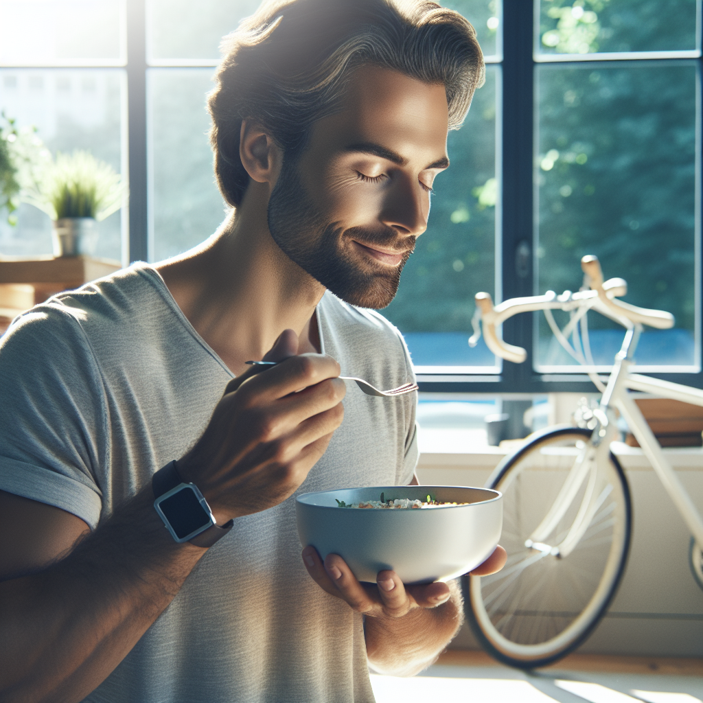 A serene person, looking calm and content, effortlessly integrating healthy habits into their daily routine. They are enjoying a wholesome, visually appealing meal at a cozy home setting, with soft natural light, and a subtle suggestion of gentle movement or outdoor activity in the background (e.g., a bike visible, a park scene through a window). The atmosphere is peaceful, positive, and stress-free, embodying a balanced lifestyle without strenuous effort or strict diets.