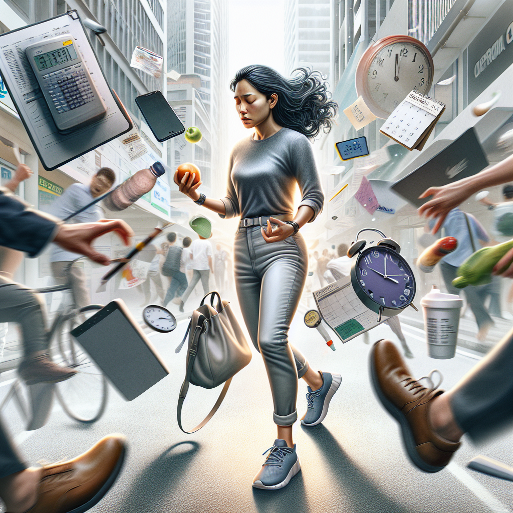 A person (gender-neutral, relatable) is shown in a dynamic, slightly overwhelmed but determined pose, navigating a bustling street or office. Around them are subtle visual cues of everyday life: a laptop, a clock, a calendar. They are holding a piece of fruit or a healthy water bottle, and wearing comfortable shoes, representing small, healthy choices amidst the daily rush. The style is realistic and modern, with a hopeful yet grounded tone, illustrating 'losing weight in a busy everyday life through small changes'.