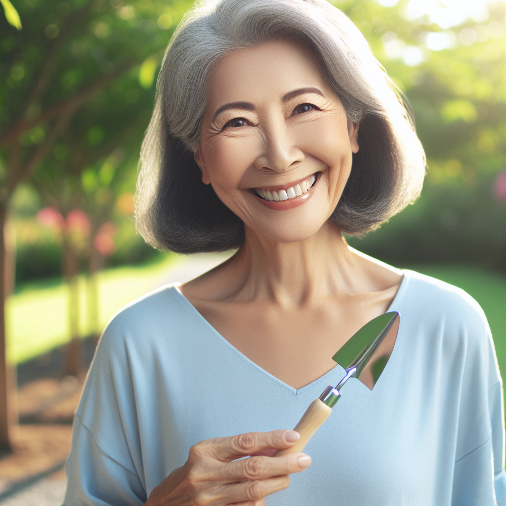 A cheerful, healthy-looking senior person (either male or female) in an active, yet relaxed pose, perhaps walking in a sunny park, doing light gardening, or gently stretching. They are smiling, radiating vitality and well-being, embodying sustainable weight management and a non-diet approach to health in old age. The scene is bright, natural, and conveys a positive, achievable lifestyle.