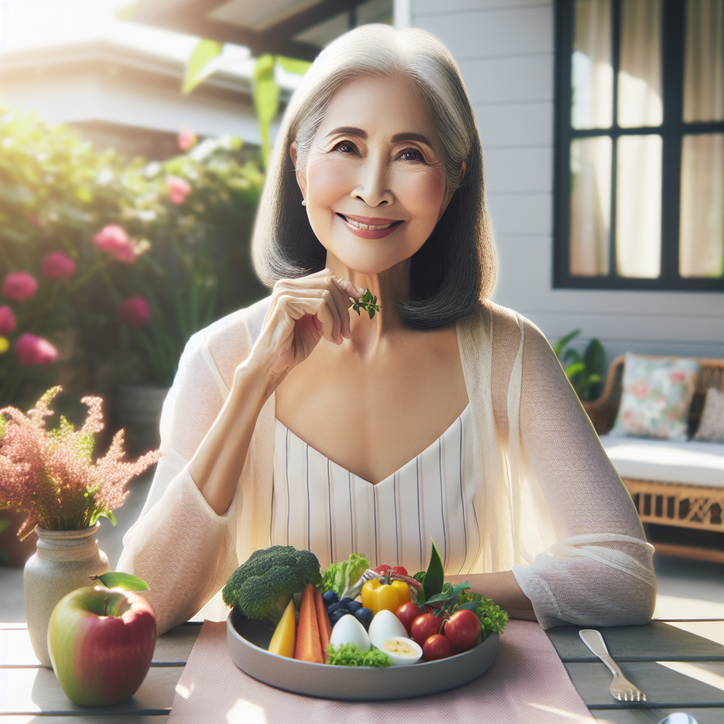 A serene and elegant older woman with a gentle smile, sitting at a sunlit table, enjoying a beautiful, colorful plate of healthy food like fresh vegetables, fruit, and lean protein. The background suggests a cozy, calm home environment or a bright garden patio, emphasizing a relaxed and gentle lifestyle. There is absolutely no exercise equipment or strenuous activity visible. The mood is one of contentment, health, and graceful aging through mindful nutrition. Realistic style, soft, warm lighting.
