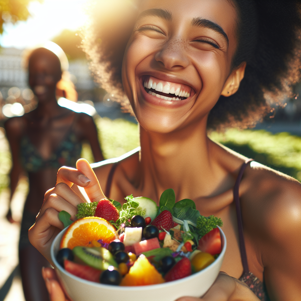 A radiant, happy person smiling while enjoying a colorful, healthy and varied meal, such as a vibrant salad with fresh fruits, vegetables, and lean protein, in a bright, relaxed setting. The image conveys joy, abundance, and effortless well-being, emphasizing a lifestyle of healthy eating without deprivation or strict diets. In the background, subtly out of focus, someone is taking a relaxed walk in a sunny park, symbolizing gentle daily movement. Cinematic style, warm natural light.