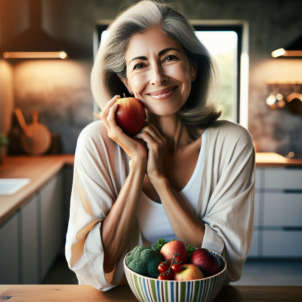 A happy and serene senior woman in her 60s, with a gentle smile, is enjoying a quiet moment in her bright, modern kitchen. She is comfortably dressed in elegant casual clothes, holding a fresh apple. On the kitchen counter, a colorful bowl of various fruits and vegetables suggests healthy eating. The overall atmosphere is calm, inviting, and portrays a sense of effortless well-being and health achieved through everyday habits, without any implication of strenuous exercise or struggle. High-quality lifestyle photography with warm, natural lighting.