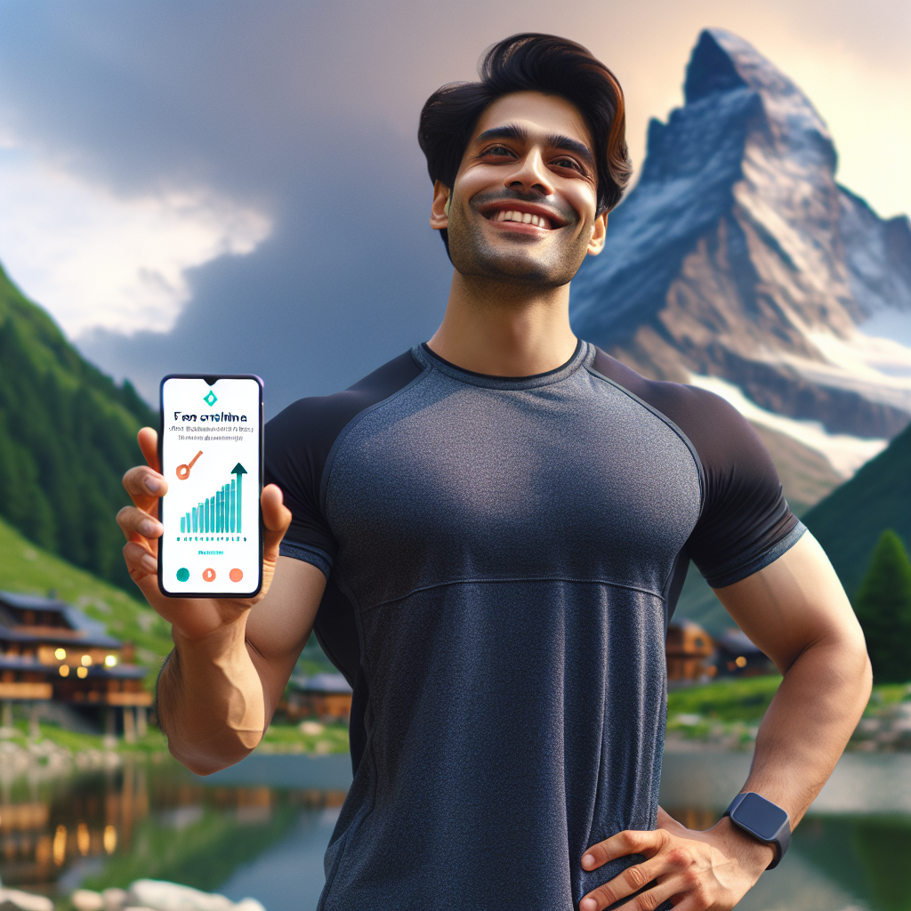 A diverse person, smiling and energetic, stands confidently after a workout, perhaps with a scenic background. In their hand or subtly floating nearby, a glowing, minimalist smartphone screen displays a health app with a progress bar and a positive message, symbolizing free online coaching and successful weight loss. The overall mood is inspiring, empowering, and focuses on achievement through accessible digital support.