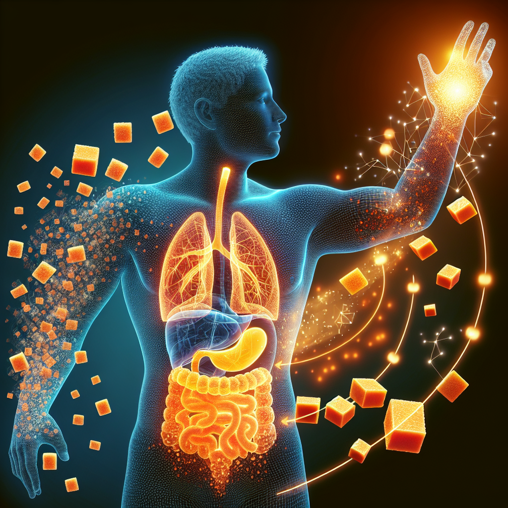 A vibrant and clear illustration of the human body's metabolism shifting from using glucose (symbolized by light blue, small squares) to burning fat (symbolized by warm orange, larger shapes) for energy, representing ketosis. Show a subtle 'switch' or transition effect within the body, implying efficiency and health. Modern, clean digital art style.