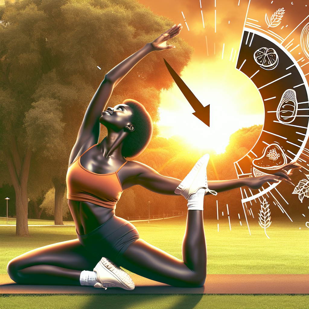A vibrant and energetic person, either male or female in their 30s, engaged in a dynamic outdoor exercise like jogging or stretching, set against a bright, natural backdrop. Subtly integrated into the scene, perhaps in the foreground or background, is a minimalist graphic element resembling a clock face divided into 'eating' and 'fasting' segments, symbolizing intermittent fasting. The overall mood should be positive, healthy, and active, conveying sustainable weight loss and fitness. Realistic style with bright, inviting colors.