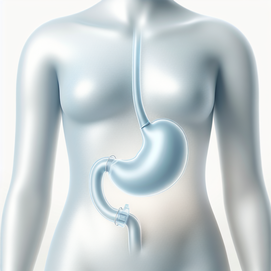 A clean, minimalist medical illustration of a human stomach with a light blue gastric band subtly placed around its upper part, clearly showing the creation of a smaller pouch. The image should convey a sense of control over appetite and the beginning of a healthy weight loss journey, with an aura of hope and scientific precision. Soft, optimistic lighting, modern design, professional and approachable.