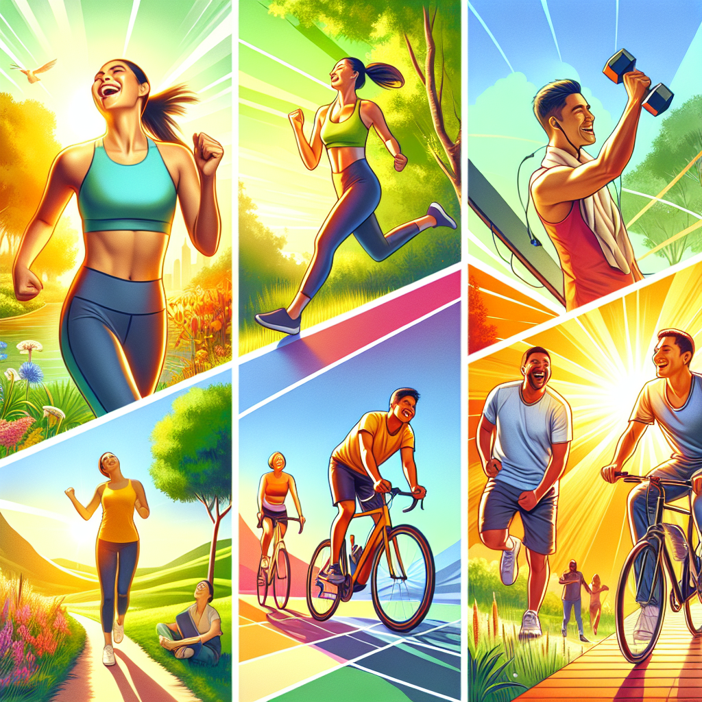 A vibrant and uplifting image depicting a diverse group of happy individuals engaged in various forms of physical activity: one person is jogging through a scenic park, another is lifting light weights with a smile in a bright, modern setting, and someone else is cycling joyfully along a path. The overall mood should convey health, vitality, and the freedom of an active lifestyle leading to sustainable weight loss, without any visual cues of restrictive dieting or scales. Emphasize natural movement, energy, and well-being.