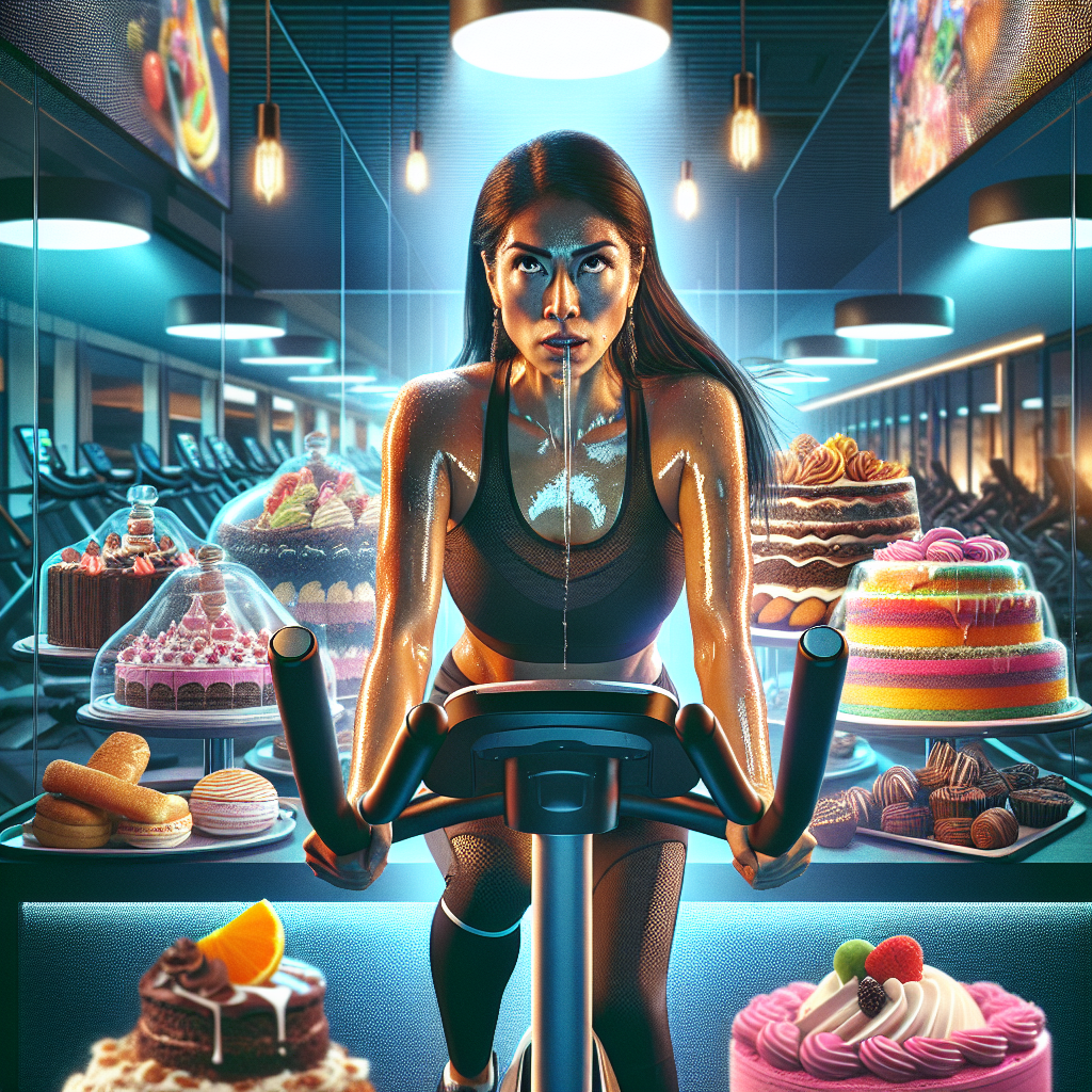 A determined person intensely exercising on a spinning bike or treadmill in a modern gym. In the background, slightly out of focus but clearly visible, is a vibrant, tempting display of high-calorie foods like cakes, pastries, and fast food. The image should subtly question if the exercise effort is enough to counteract the presence of these foods, illustrating the article's theme of 'losing weight with sport without diet change'. Cinematic lighting, realistic photography style.