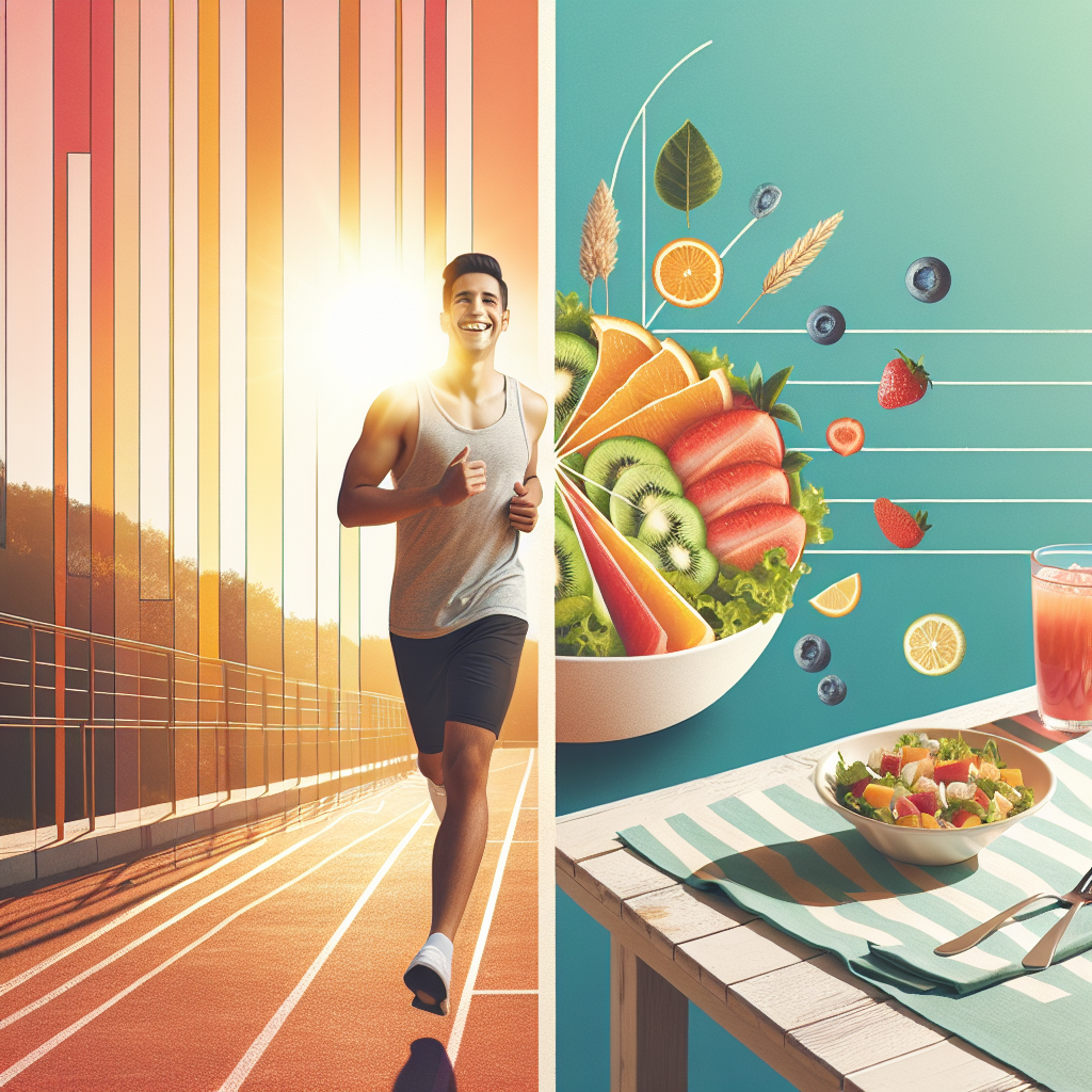 A compelling visual split down the middle: on one side, a fit person happily jogging outdoors with a bright, sunny background, representing 'weight loss with sport'. On the other side, a person smiling while enjoying a fresh, healthy meal (like a vibrant salad or fruit bowl) at a table, representing 'weight loss with diet alone'. The overall style should be inspiring, clean, and modern, with balanced colors that convey health and positivity.