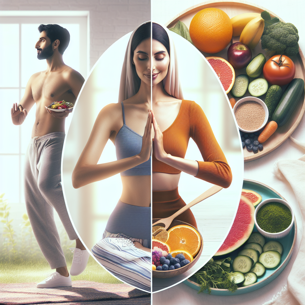 A vibrant, balanced image illustrating two distinct pathways to healthy weight loss: one side depicting light physical activity like a person walking or stretching, and the other side showcasing healthy, appealing food choices in a calm, mindful setting. In the center, a confident and happy person embodying their achieved well-being and health goals. The overall impression should be positive, encouraging, and highlight personal choice in a modern, clean photography style with soft, inviting lighting.