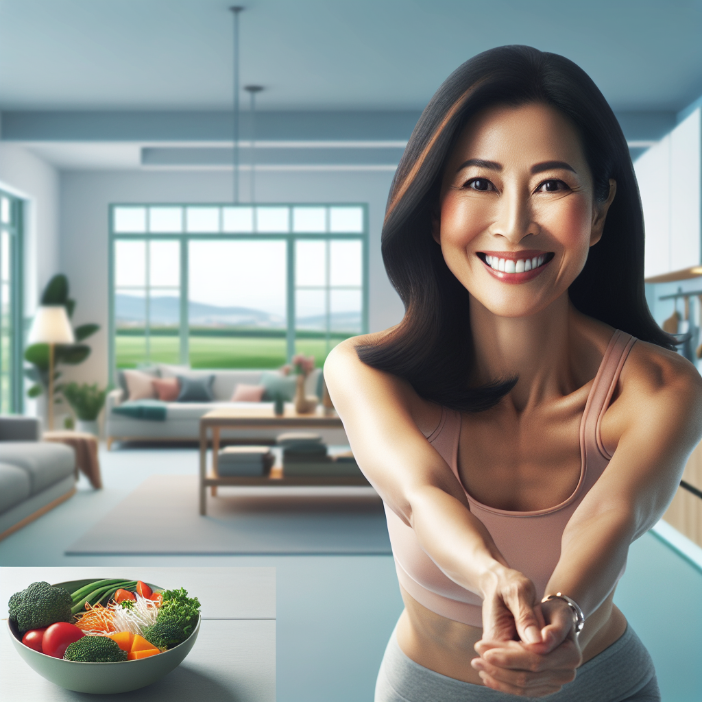A diverse person in their 30s-40s, looking happy and healthy, engaged in a light, everyday activity in a bright, modern home setting or a serene park. This could be gently stretching, mindfully preparing a healthy, colorful meal in the kitchen, or taking a relaxed walk. The scene should convey a sense of calm wellness and balanced living, subtly suggesting effective weight loss through sustainable lifestyle changes rather than strenuous workouts. Emphasize an inviting, aspirational, and realistic photographic style with natural light, avoiding any gym equipment or intense exercise.