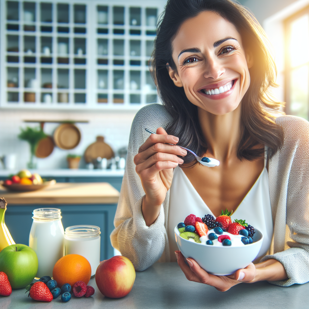 A vibrant and appealing photo of a smiling woman in her 30s, looking healthy and energetic, happily enjoying a bowl of fresh, colorful fruit (like berries) and natural yogurt. The scene is set in a bright, modern kitchen with ample natural light, conveying a sense of well-being, satisfaction, and effortless health, subtly hinting at a low-sugar lifestyle without deprivation. Soft focus background.