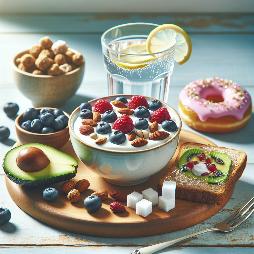 A visually appealing flat lay of a healthy, low-sugar breakfast. Prominent items include a bowl of plain Greek yogurt with fresh berries and nuts, a glass of water with lemon, and a sliced avocado on whole-grain toast. In the soft-focus background, a small, subtle pile of sugar cubes and a sugary donut are visible, symbolizing the contrast between healthy choices and sugary temptations. Bright, natural light, modern, clean style.