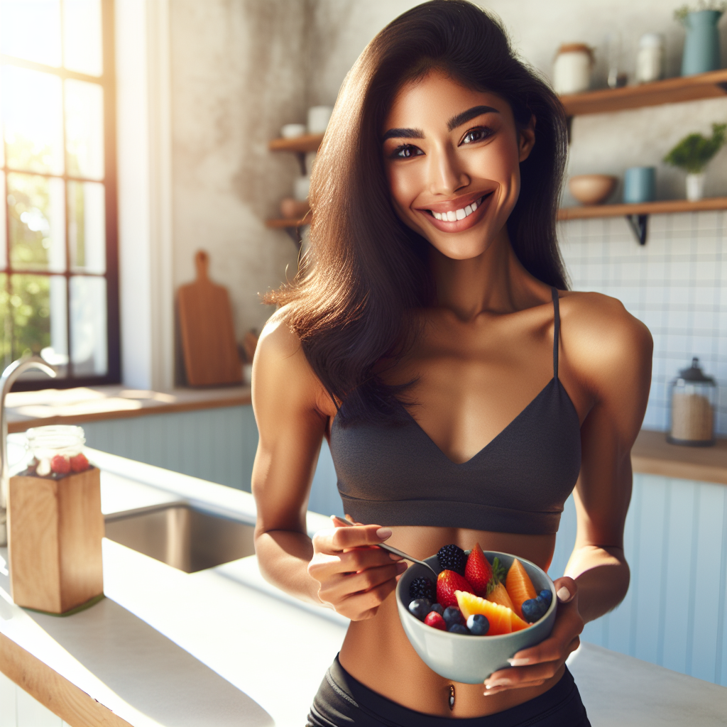 A vibrant, healthy woman with a radiant smile, enjoying a fresh, colorful bowl of fruit and berries in a bright, sunlit kitchen. She embodies energy, well-being, and a lean physique, subtly suggesting successful weight loss and a healthy lifestyle through sugar-free eating. The aesthetic is clean, modern, and inviting, like a high-quality photograph.