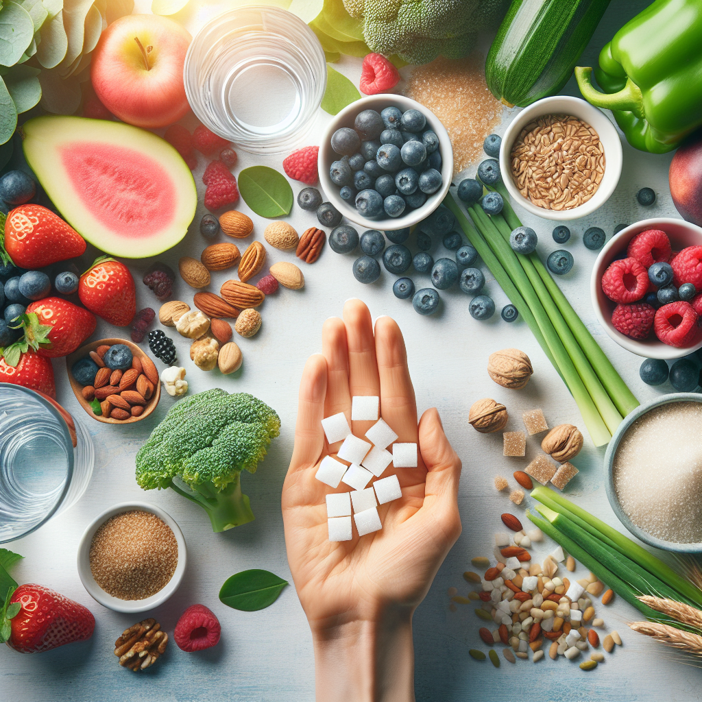 A vibrant and fresh flat lay displaying a diverse array of sugar-free foods: colorful berries, leafy green vegetables, nuts, seeds, whole grains, and a glass of water. A subtle, bright light illuminates the scene, emphasizing natural health and wellness. In the foreground, a small, symbolic pile of refined sugar cubes is gently pushed out of frame by a hand, representing the choice for a healthier, lighter lifestyle. The overall aesthetic is clean, inviting, and inspiring.