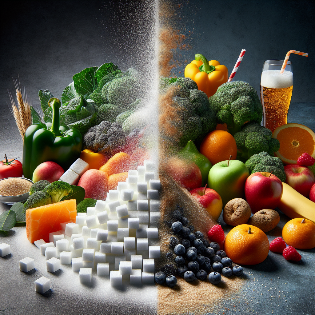 A visually striking conceptual image illustrating the transition from sugar to healthy alternatives. On one side, a pile of refined sugar cubes, candy, and a sugary soda bottle, slightly pushed aside or fading into the background. On the other side, in sharp focus and brightly lit, are an array of crisp fresh vegetables (broccoli, bell peppers), colorful fruits (berries, apples), and whole grains. The background is clean and minimalistic, emphasizing the clear choice for a sugar-free diet. Realistic photograph with a strong, clear message.