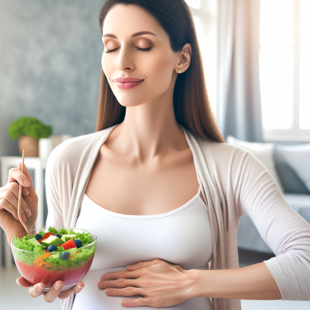 A serene and confident new mother in her early 30s, embracing a healthy lifestyle after childbirth. She is gently stretching or enjoying a nutrient-rich meal (e.g., a colorful salad or smoothie) in a bright, calm home environment. The image should convey well-being, self-care, and a positive journey towards healthy weight loss without any depiction of breastfeeding. Soft, natural light, realistic style.