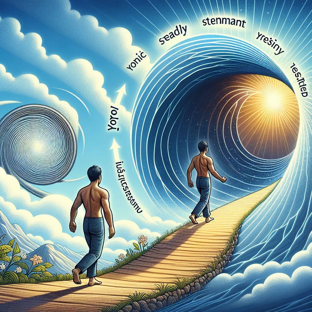 A visual metaphor depicting a person breaking free from a repetitive, upward and downward spiraling path, which symbolizes the 'yo-yo effect' in weight loss. On the left, the person looks frustrated on the unstable spiral. On the right, they are stepping onto a calm, stable, and gently upward-sloping path leading towards a bright, healthy horizon, representing sustainable weight loss and lasting well-being. The style should be modern, clear, and hopeful, digital art.