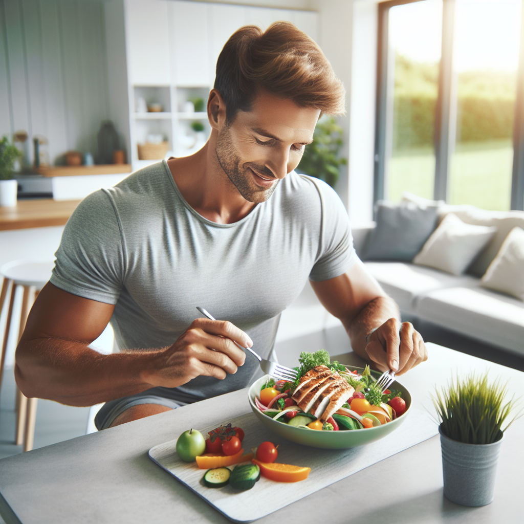 A serene, bright image featuring a person, looking healthy and content, enjoying a vibrant, nutritious meal (e.g., a colorful salad with grilled chicken or fish, fresh vegetables, fruits) at a clean, modern kitchen table in a relaxed home environment. The focus is on the joy of mindful eating, with absolutely no sports equipment or indications of strenuous physical activity in the frame. Soft, natural lighting emphasizes ease and well-being through diet.