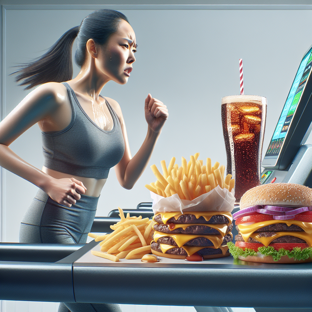 A person vigorously running on a treadmill, visibly exerting themselves and sweating, with a determined expression. Immediately next to the treadmill, on a small table, sits a large, untouched plate of tempting, high-calorie fast food like a double cheeseburger, a pile of golden fries, and a large sugary soda. The visual should strikingly represent the challenge and often futility of weight loss through exercise alone if the diet remains unchanged. Realistic photo, highlighting the contrast.