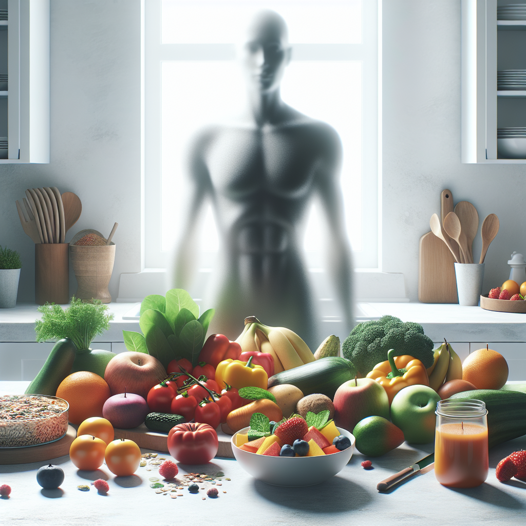 A vibrant still life depicting an array of fresh, colorful fruits, vegetables, and whole grains artfully arranged on a clean, light kitchen counter. In the foreground, a beautifully prepared healthy meal. In the background, subtly integrated, a silhouette of a person, feeling lighter and more energetic, but clearly in a relaxed, non-exercising pose, perhaps simply standing with a confident posture. The overall atmosphere is calm, positive, and emphasizes wholesome nutrition, with absolutely no sports equipment or active exercise depicted. Bright, clean, and inviting photography style.