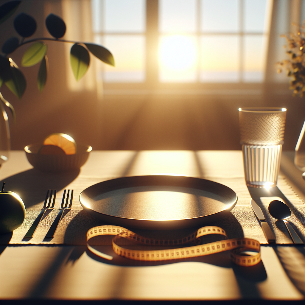 A minimalistic and serene scene at dusk, featuring a beautifully set dining table with a single, elegant empty dinner plate. Soft, warm evening light filters into the room, creating a peaceful atmosphere. Subtle visual elements hinting at weight loss and wellness, such as a delicate fresh green leaf or a measuring tape loosely coiled nearby, are incorporated. The overall mood is calm, simple, and encouraging, symbolizing the concept of skipping dinner for a healthier lifestyle.