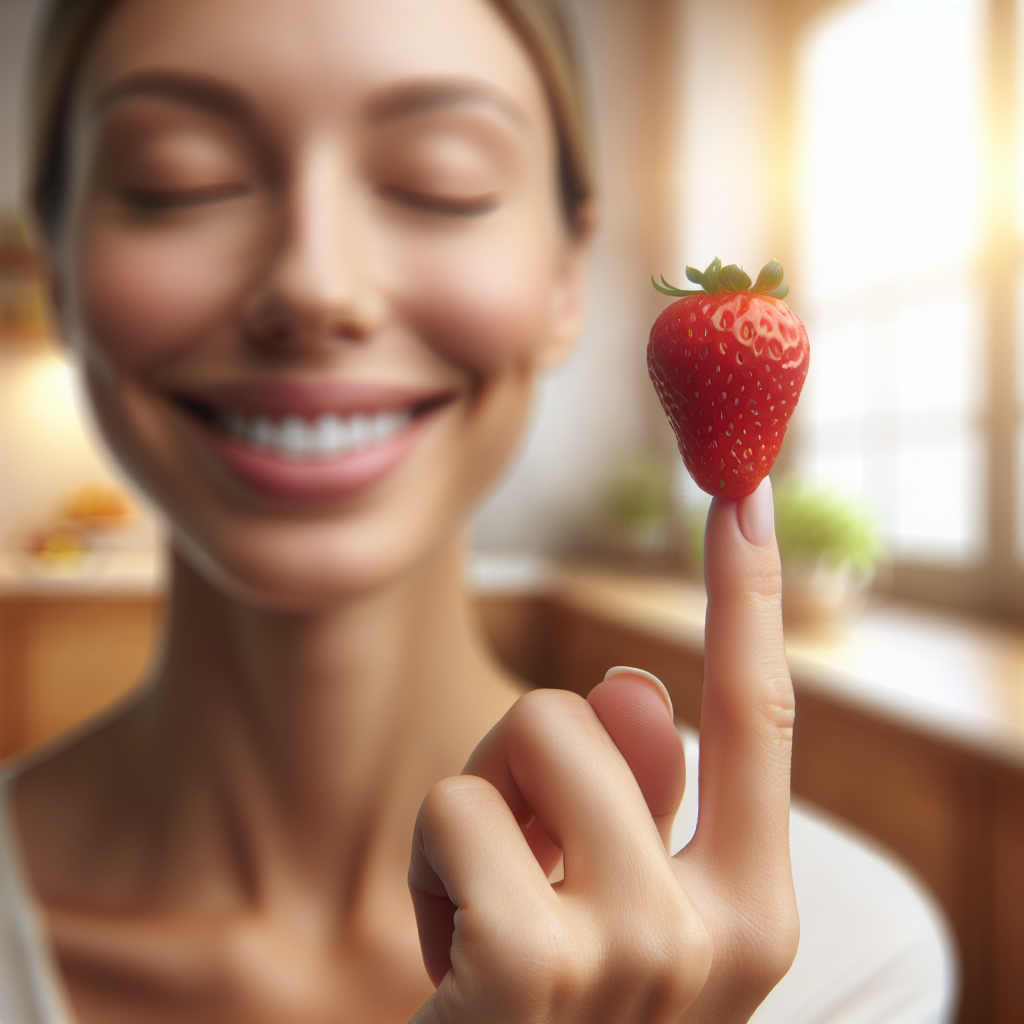 A person with a calm, content smile is effortlessly balancing a single, ripe strawberry on their fingertip, against a softly blurred background of a bright, airy kitchen. The scene evokes a feeling of ease, natural healthy choices, and simple enjoyment, symbolizing 'losing weight without effort.' Realistic photo, warm natural light.