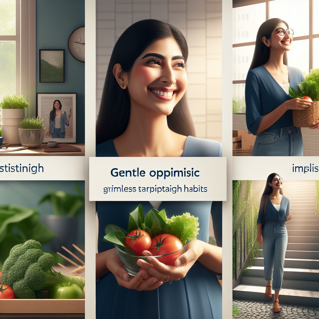 A serene and happy person effortlessly integrating healthy, simple habits into their daily routine, radiating a sense of well-being and lightness. The scene shows subtle positive choices, like taking a light walk, choosing fresh produce, or easily taking stairs, all contributing to sustainable weight loss without struggle. The atmosphere is calm, encouraging, and emphasizes ease and effectiveness. Modern, clean aesthetic with soft, natural lighting.