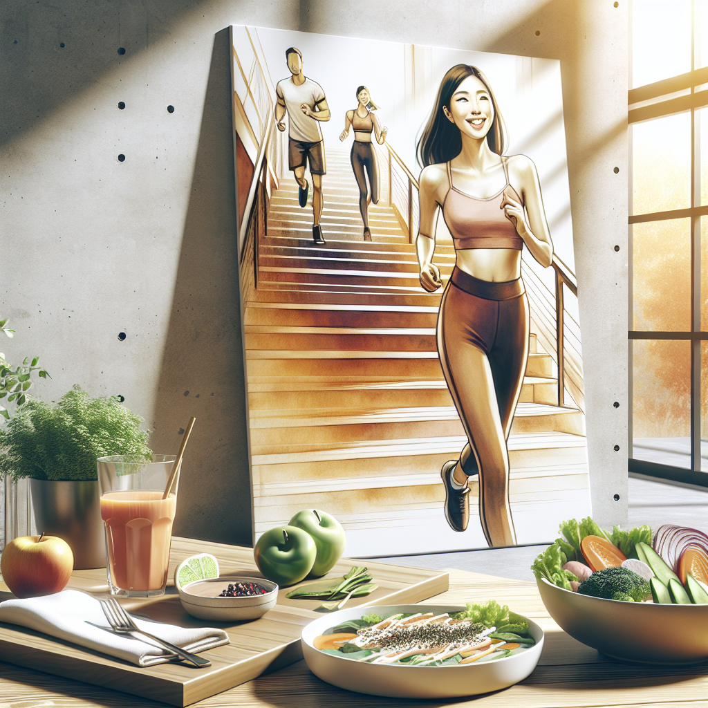 A happy, fit person casually walking up a flight of stairs, smiling confidently, with a healthy meal displayed on a table in a bright, modern background. The scene emphasizes everyday movement and good nutrition for weight loss, not strenuous exercise. No gym equipment or people jogging are visible. Warm, inviting lighting, realistic style.