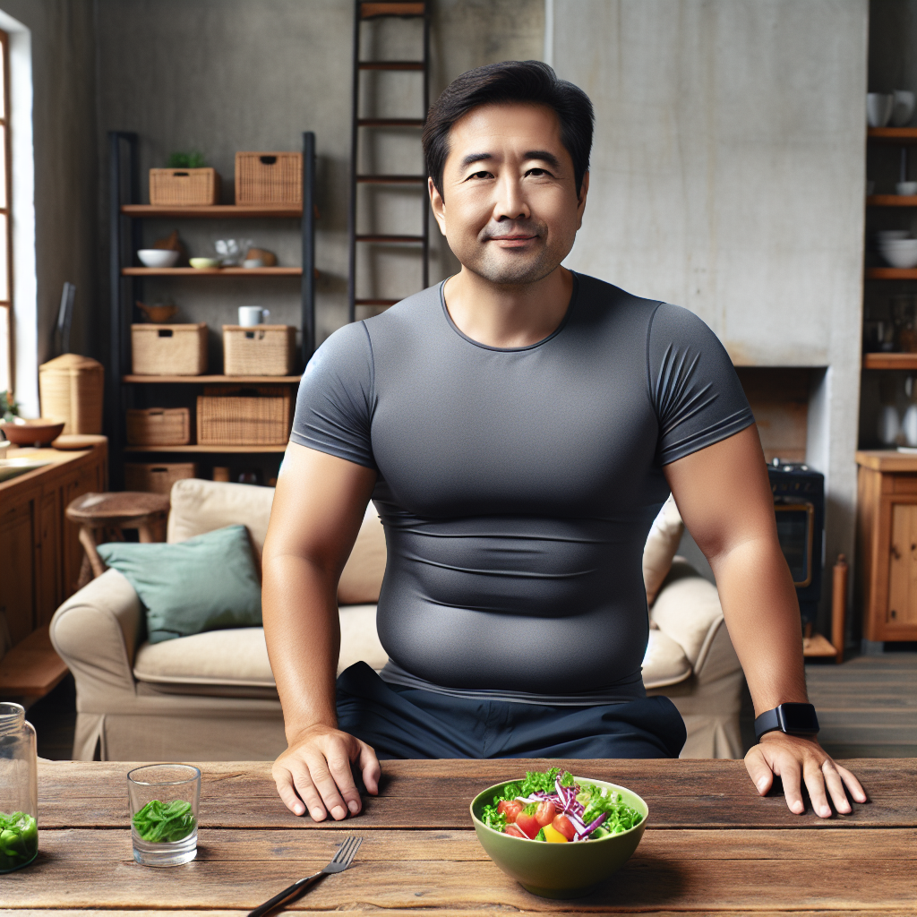 A person looking relaxed and content, with a noticeably healthier and slimmer silhouette, enjoying a simple, balanced meal (like a colorful salad or a small portion of healthy food) at a kitchen table or in a cozy living room. There are no sports equipment, gym clothes, or activewear visible in the scene. The atmosphere is calm and peaceful, emphasizing a successful weight loss journey achieved through mindful eating rather than physical activity.