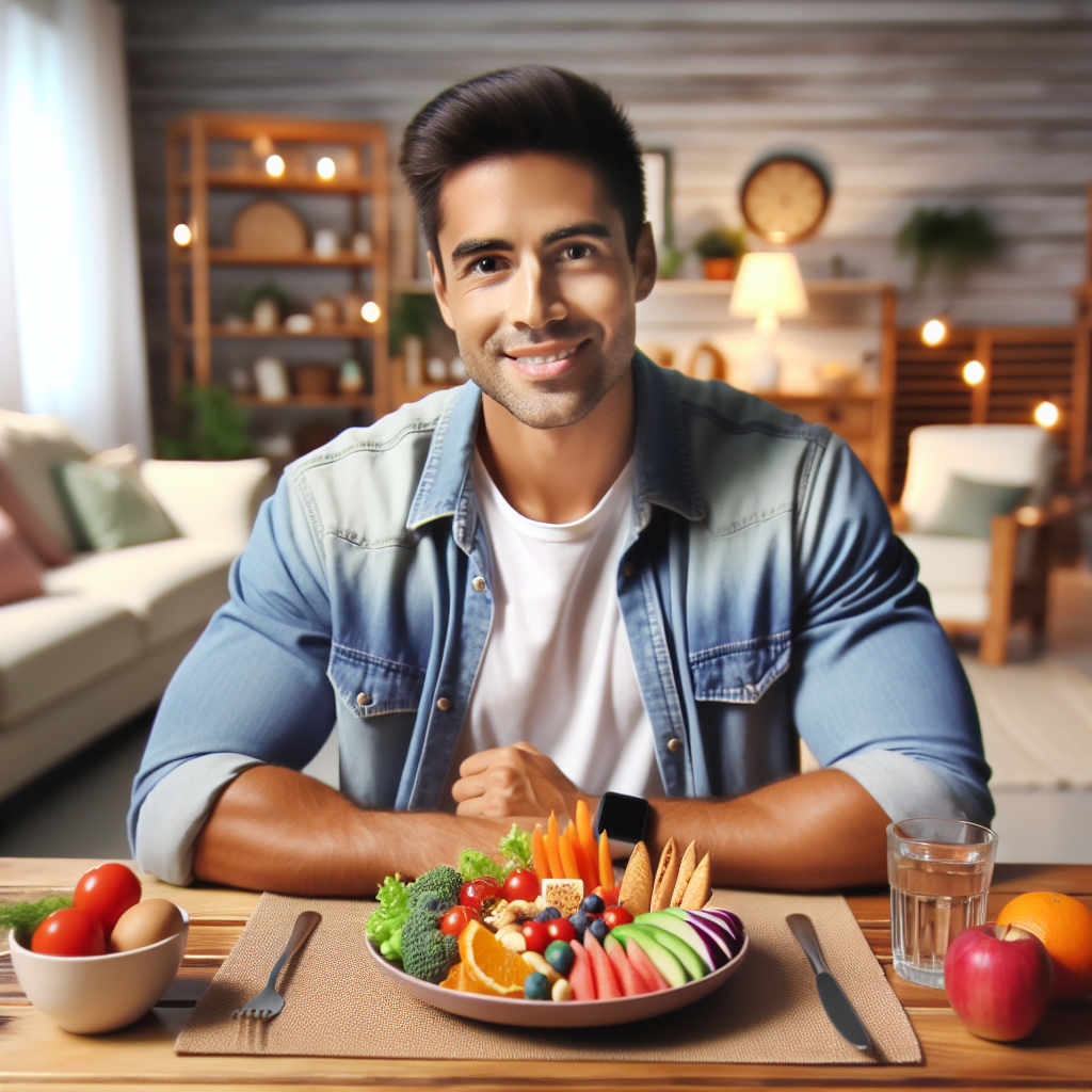 A person looking content and relaxed, comfortably enjoying a beautifully plated, healthy meal at a table in a cozy home setting. The focus is on the delicious and colorful food, emphasizing nutrition and smart choices for well-being. There are no exercise tools or sports equipment visible in the scene, conveying a sense of achieving health without strenuous activity. Soft, inviting lighting.