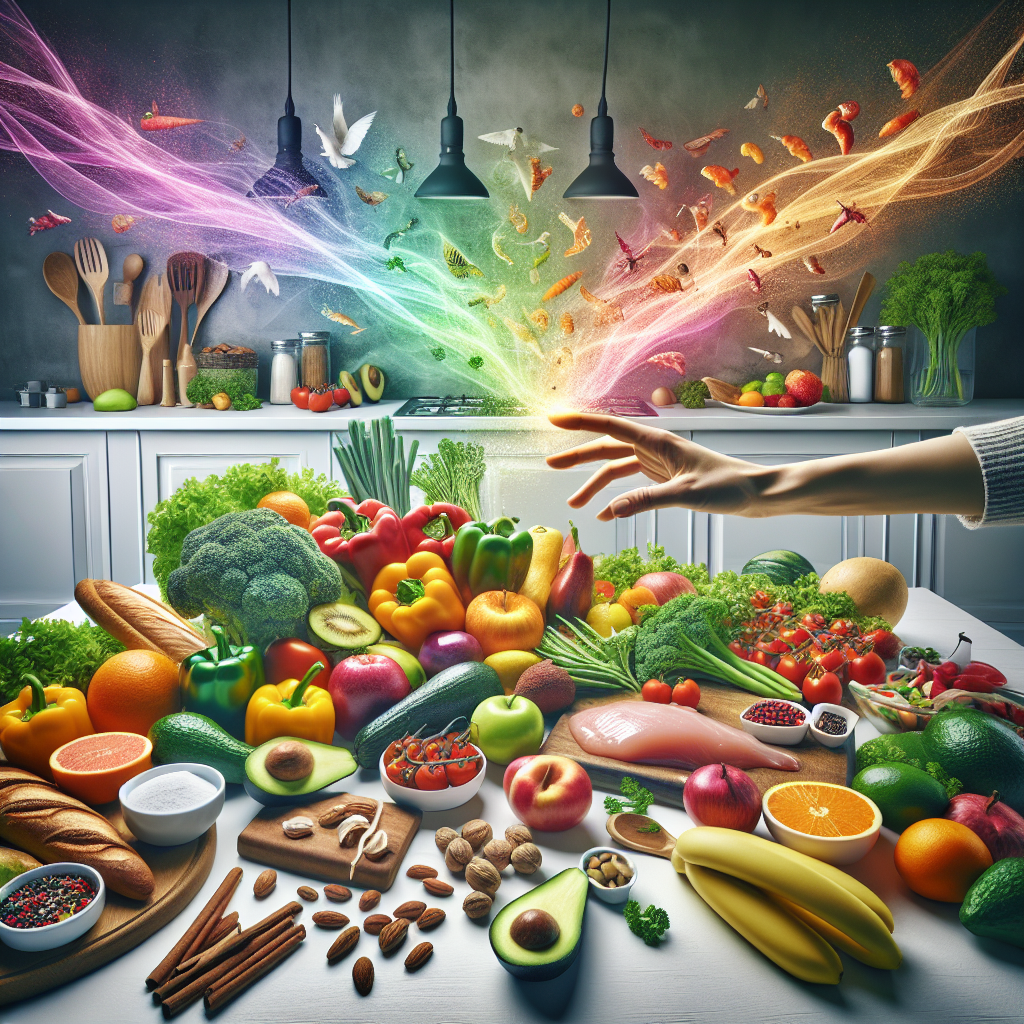 A vibrant, clean kitchen counter is abundantly filled with colorful fresh vegetables, ripe fruits, lean protein (like grilled chicken or fish), and healthy fats (such as avocado and nuts). A person's hand is reaching for a healthy ingredient. Conspicuously absent are any bread products, pastries, sugar bowls, or sugary snacks. The bright, inviting home kitchen background conveys a sense of healthy living and mindful eating, evoking a feeling of energy and well-being. Studio photography style, high resolution.