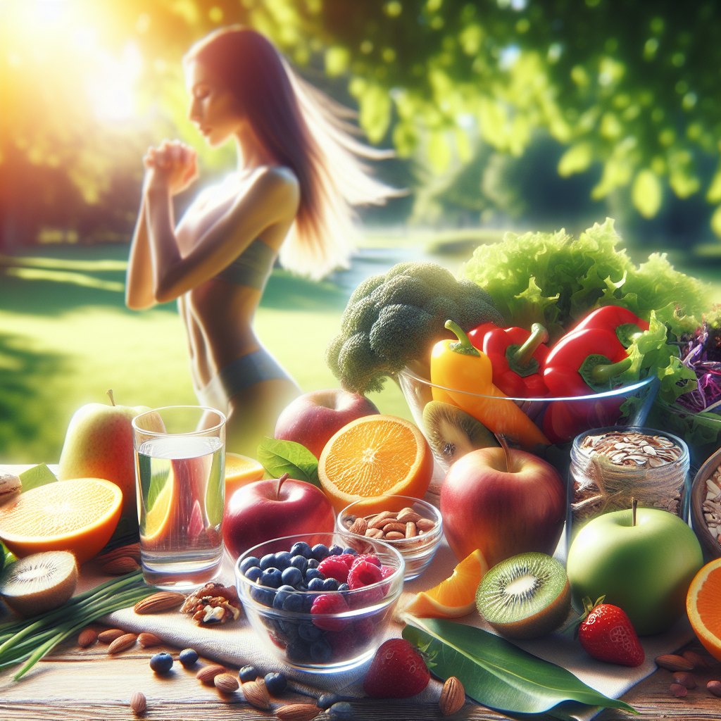 A bright, serene image showcasing a healthy, natural lifestyle for weight loss. In the foreground, a beautifully arranged assortment of fresh, colorful fruits (like berries, citrus, apples), vibrant vegetables (leafy greens, bell peppers), whole grains, and nuts. A clear glass of water is also present. In the soft-focus background, a person is taking a relaxed walk or doing gentle stretching in a sunlit natural environment, such as a park or a lush garden. The overall aesthetic is clean, fresh, and emphasizes natural well-being and vitality, completely free from any artificial products, pills, or processed foods. Realistic, soft lighting.