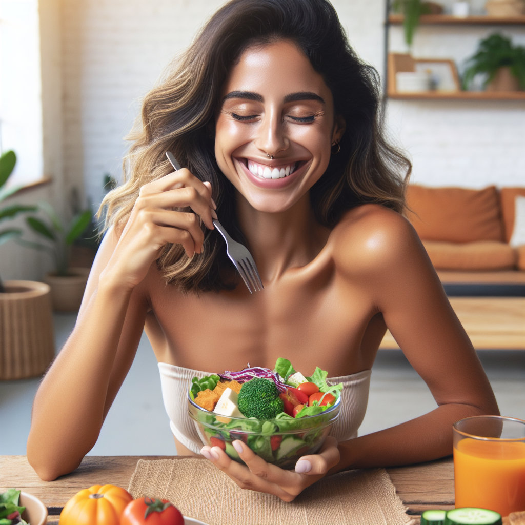 A radiant person with a healthy, natural physique, smiling genuinely while mindfully enjoying a vibrant, delicious, and balanced meal. The scene should exude a sense of calm enjoyment, freedom from restriction, and sustainable well-being, emphasizing mindful eating and everyday happiness. Bright, natural lighting. Realistic, inviting style.