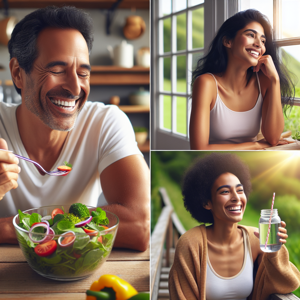 A smiling, diverse person in comfortable everyday clothes, effortlessly integrating healthy habits into their daily routine. They might be enjoying a fresh, colorful meal at their kitchen table, taking a relaxed walk in a park, or mindfully sipping water. The scene should exude a sense of ease, joy, and natural well-being, highlighting a sustainable, stress-free approach to health and weight management, without any visible diet restrictions or scales. Bright, natural lighting. --ar 16:9