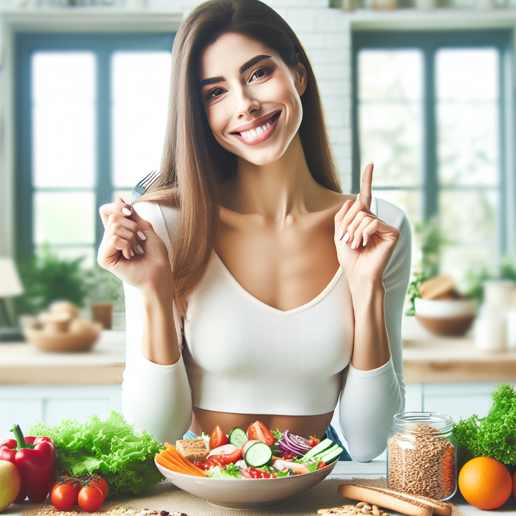 A smiling person confidently enjoys a beautifully arranged plate of diverse, healthy, and delicious food (e.g., colorful salad, whole grains, lean protein, fruit). The background shows a bright, inviting kitchen or dining area, suggesting a natural, unforced lifestyle. No scales, calorie counters, or diet books are visible. The image conveys ease, enjoyment, and sustainable well-being, symbolizing 'Abnehmen ohne Diät Programm' and 'Schlank werden ohne Verzicht'. High-quality digital art.