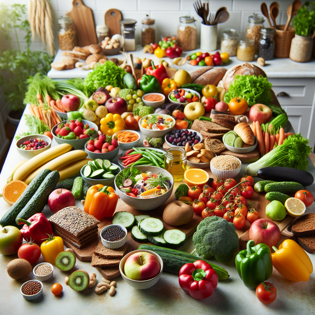 A vibrant, aesthetically arranged spread of delicious and healthy everyday food on a bright kitchen counter, featuring colorful fresh vegetables, ripe fruits, whole grain products, and lean protein sources like grilled chicken or fish. The scene should evoke a feeling of abundance, enjoyment, and mindful eating, not deprivation, with natural lighting. High-quality food photography style.