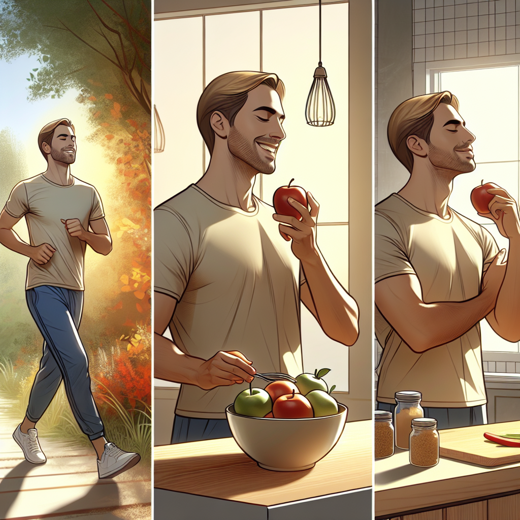 A peaceful scene depicting a person effortlessly integrating healthy habits into their daily routine. Show moments like someone happily taking a short walk in a park during a break, choosing a piece of fruit from a bowl on their kitchen counter with a gentle smile, or doing a simple stretch. The overall mood is calm, positive, and portrays a sustainable, integrated healthy lifestyle rather than a restrictive diet. Bright, natural lighting, soft colors, realistic style.