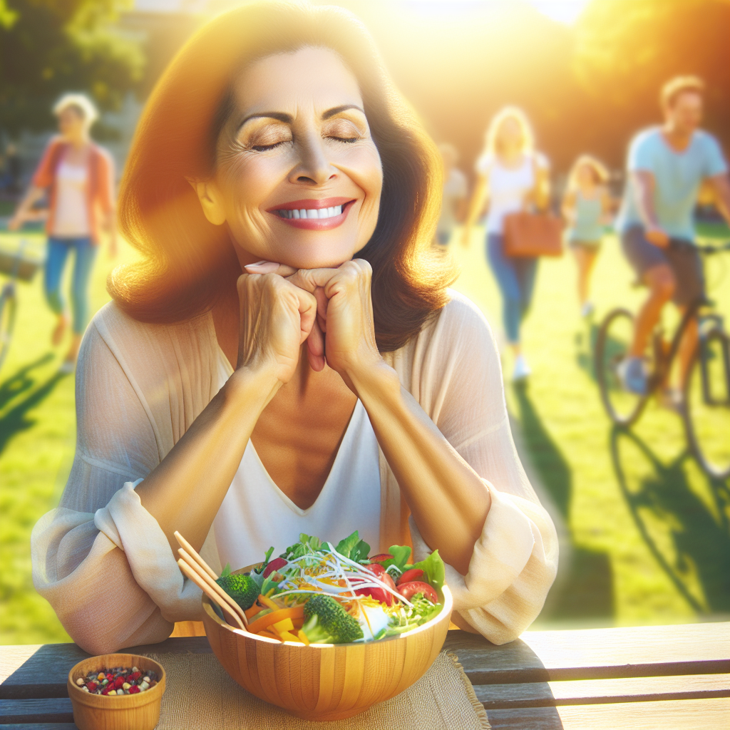 A person with a genuine smile, peacefully enjoying a vibrant, healthy meal like a large salad or a Buddha bowl at an outdoor table. In the soft-focus background, people are casually walking or cycling in a sunny park, symbolizing easy integration of movement. The overall atmosphere is serene, joyful, and healthy, representing sustainable well-being and weight loss without strict dieting. Bright, natural light, warm colors.
