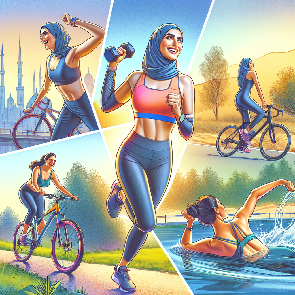 A vibrant and energetic scene depicting a diverse person (e.g., someone with an average, healthy build) joyfully engaging in multiple sports activities. Show elements of outdoor running, cycling through a scenic park, graceful swimming, and a light strength training exercise (like a bodyweight squat or dumbbell curl). The person should look happy, confident, and full of vitality, embodying a sustainable and healthy lifestyle without the stress of strict dieting. Bright, natural lighting, modern illustration style, focusing on well-being and consistent activity.