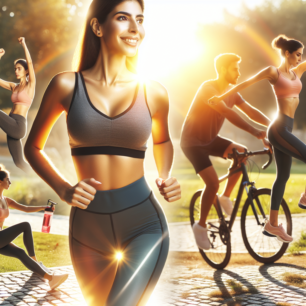 A joyful and energetic person, male or female, confidently engaging in a variety of outdoor sports activities like running, cycling, and stretching in a sunny park. The person has a healthy and fit physique, radiating positive energy and vitality, symbolizing sustainable weight loss achieved through exercise and an active lifestyle, rather than restrictive diets. The overall mood is uplifting and aspirational, with a focus on movement and well-being. Dynamic composition, bright natural lighting.