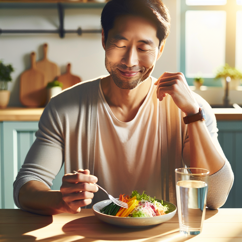 A calm, happy person enjoying a healthy, colorful meal on a slightly smaller plate at a clean, modern kitchen table. A glass of water is prominently placed next to the plate. Sunlight softly illuminates the scene, creating a sense of natural well-being, ease, and sustainable everyday habits for weight loss, without implying strenuous exercise or strict dieting. The atmosphere is relaxed and inviting.