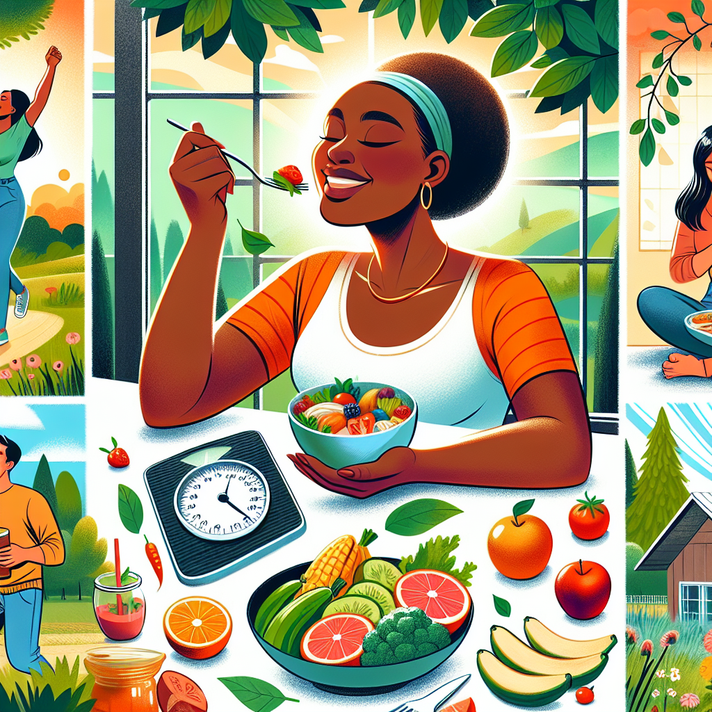 A vibrant and serene illustration of a person embracing a healthy lifestyle for sustainable weight loss without dieting. Show someone enjoying a delicious, balanced meal mindfully, or engaging in a gentle, joyful activity like walking in a park, with a happy, relaxed expression. The scene should convey ease, well-being, and a natural approach to health, with fresh colors and a positive atmosphere. No scales, no measuring tape, no signs of struggle or deprivation.
