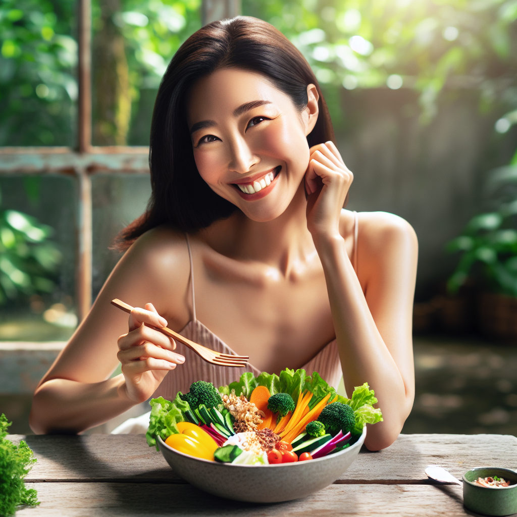 A vibrant, healthy person smiling gently while mindfully enjoying a colorful, balanced meal (e.g., a salad with diverse vegetables, lean protein, and whole grains) in a bright, serene setting. The scene emphasizes sustainable well-being, effortless healthy habits, and a joyful, non-restrictive approach to food and lifestyle, with no explicit weight scales or diet-related struggle. Soft, natural lighting.