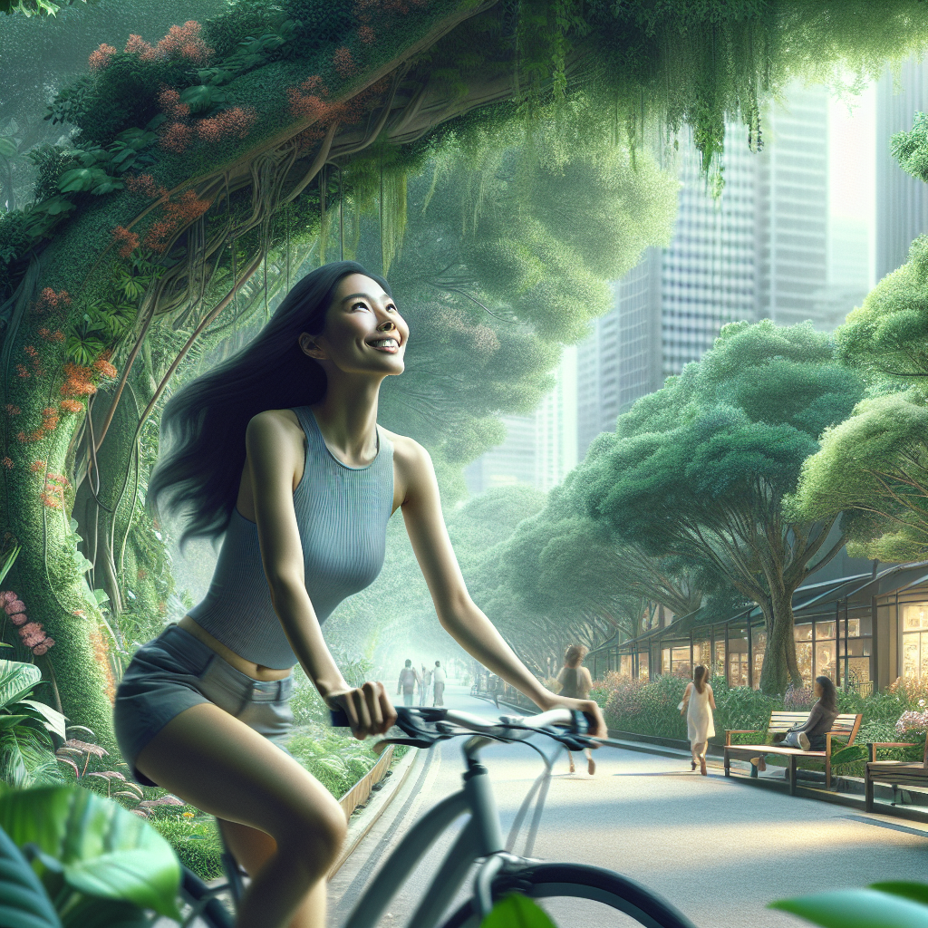 A person with a relaxed, happy expression, effortlessly walking or cycling through a pleasant urban park or natural path. Their posture suggests lightness and vitality, embodying a sense of well-being achieved through gentle everyday movement. The scene emphasizes ease and sustainable health, without any visible diet food, scales, or overt exercise equipment. Soft, natural lighting, realistic, inviting style.