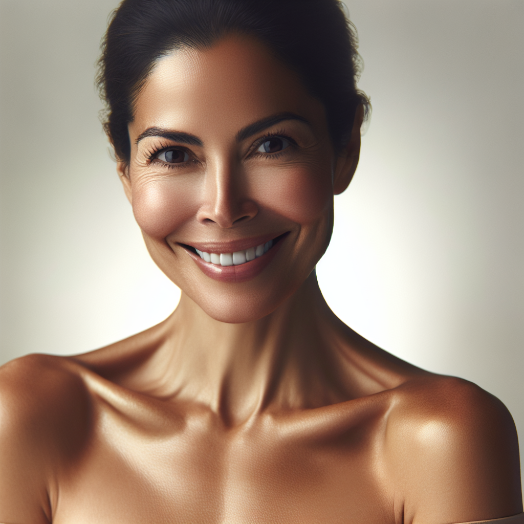 A radiant woman in her late 30s-early 40s, with a healthy, lean physique, smiling confidently towards the viewer. Her skin is visibly firm, smooth, and glowing, free of wrinkles or sagginess, especially on her face, neck, and décolletage. She exudes vitality and well-being. The lighting is soft and natural, emphasizing her healthy complexion and youthful appearance. Realistic, high-quality photograph, studio lighting.