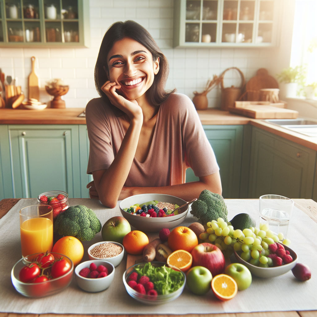 A vibrant, diverse person smiling warmly while enjoying a balanced and abundant meal (featuring fresh fruits, colorful vegetables, and whole grains) at a kitchen table bathed in natural sunlight. The scene conveys joy, ease, and a sustainable, non-restrictive approach to healthy living and weight loss, with a clean and inviting modern aesthetic.